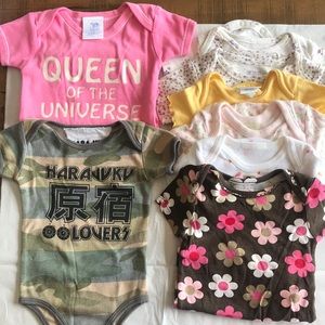 Girls 8-piece Lot of Onesies. Newborn - 9 mos. Harajuku Carters Etc